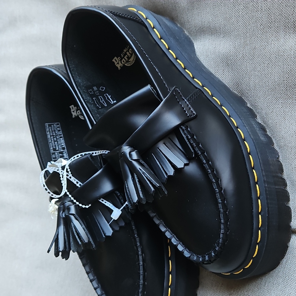 Dr. Martens Black Tassel Platform Loafers with Yellow Stitching